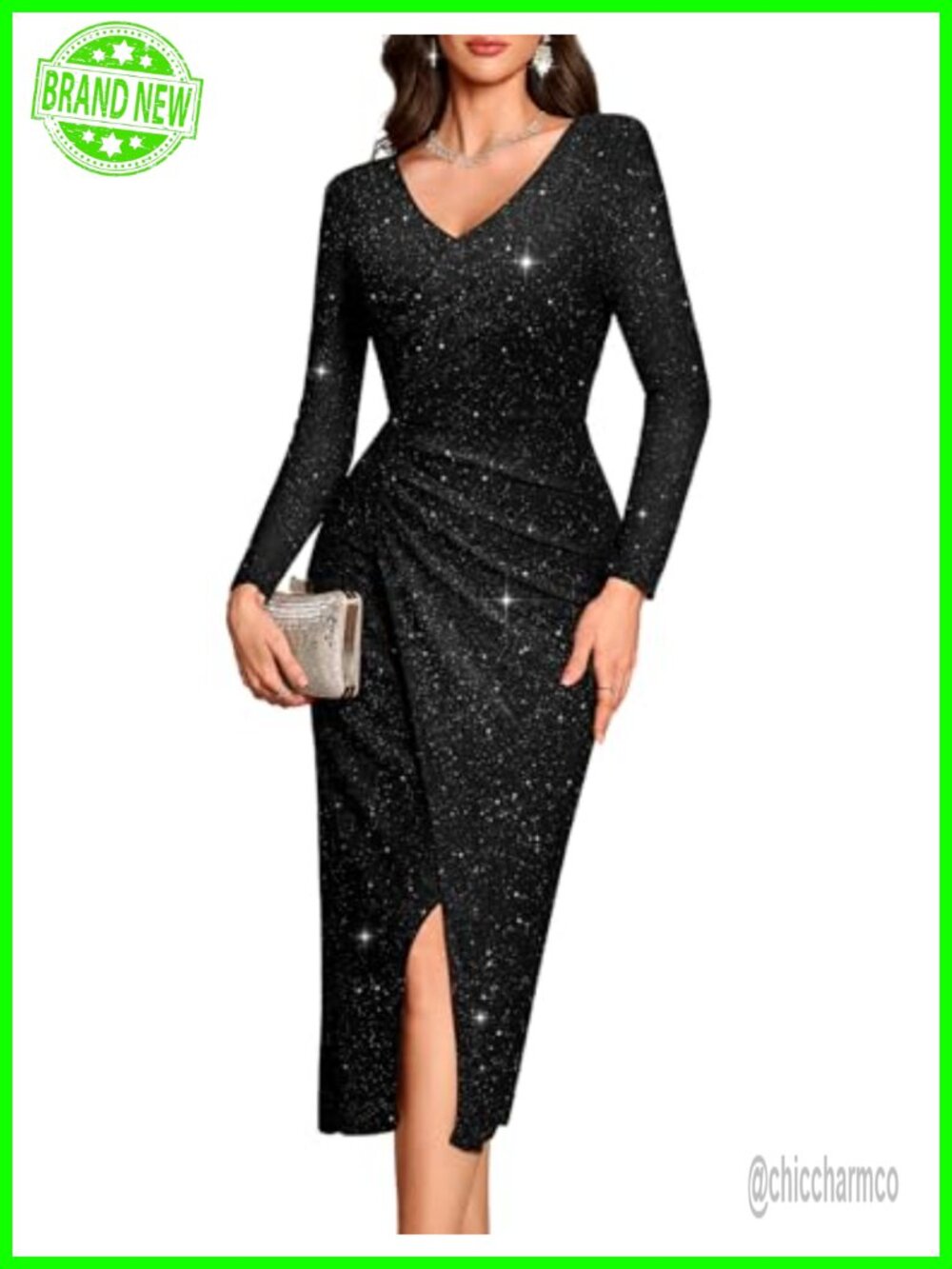 Women's Sequin Long Sleeve V-Neck Formal Maxi Dress